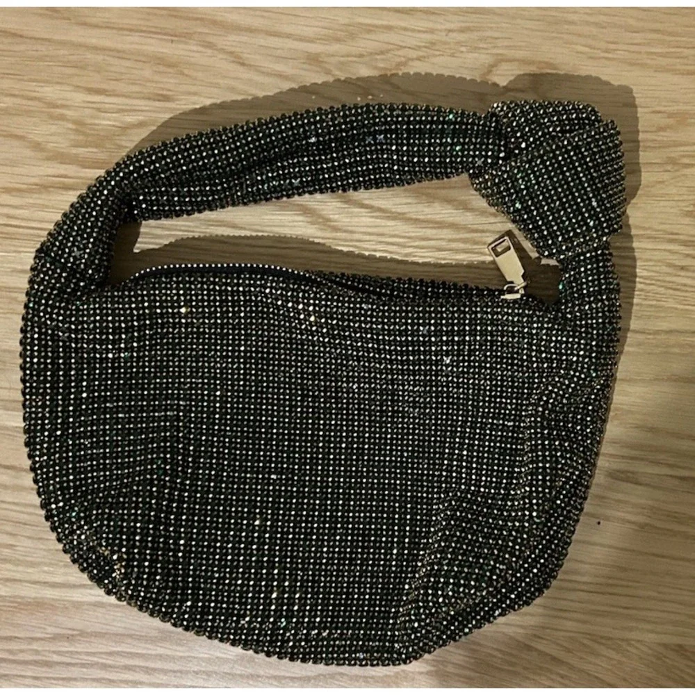 Madison West Knotted Emerald Green Rhinestone Gold Tone Dumpling Evening Handbag